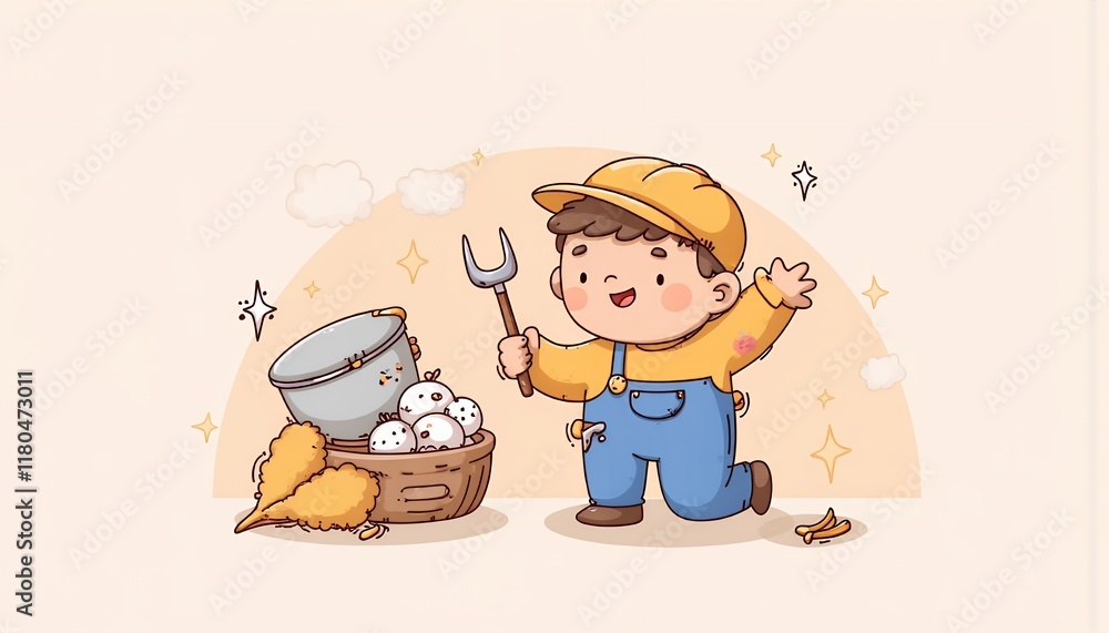 Poster joyful chibi cartoon farmer character tending to chickens and eggs in a rustic setting - isolated on