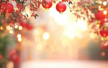 Chinese New Year background with red lanterns and copy space, blurred Chinese New Year festival decorations in the foreground. Asian cultural celebration concept. Blurred festive background. 