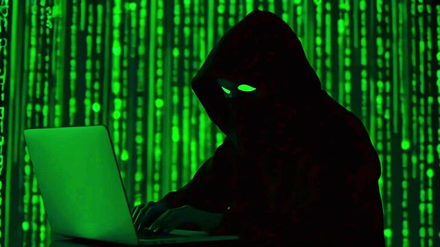Hooded Hacker in Digital Matrix with Binary Code