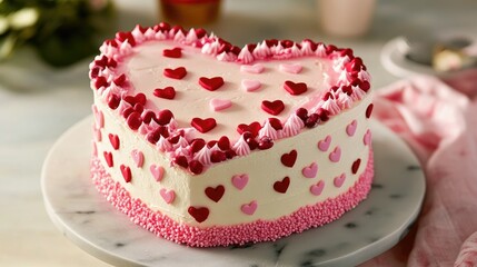 A heart-shaped cake adorned with layers of pink and white sugar hearts, with a sprinkle of red candies on top.