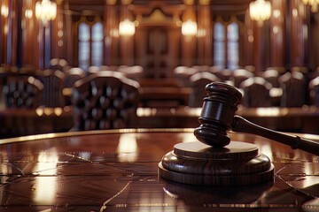 High Detail Image of Detailed Courtroom Scene with Judges Gavel in Foreground