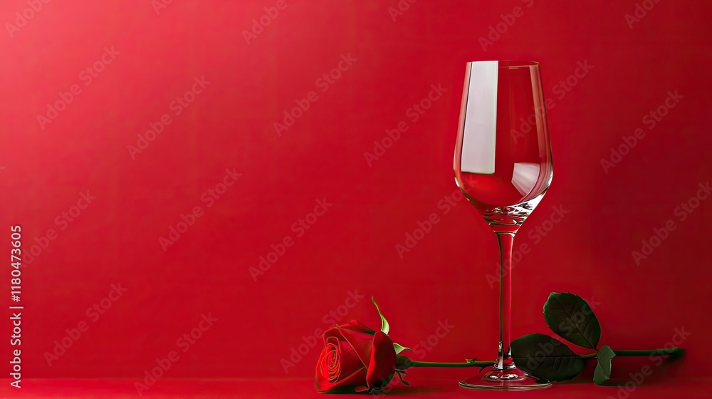 Aufkleber a minimalist composition of a single red rose and an empty wine glass on a deep red background for a