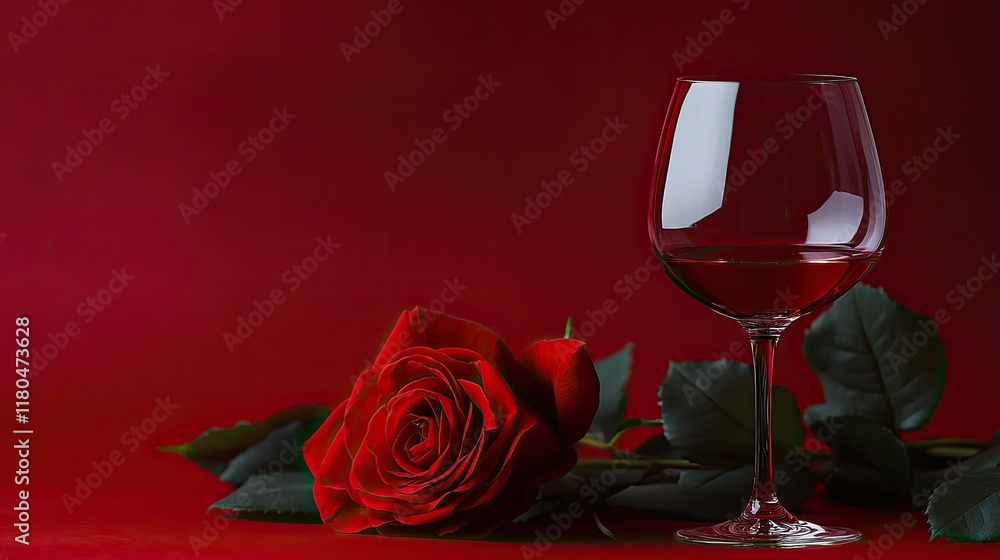 Aufkleber a minimalist composition of a single red rose and an empty wine glass on a deep red background for a