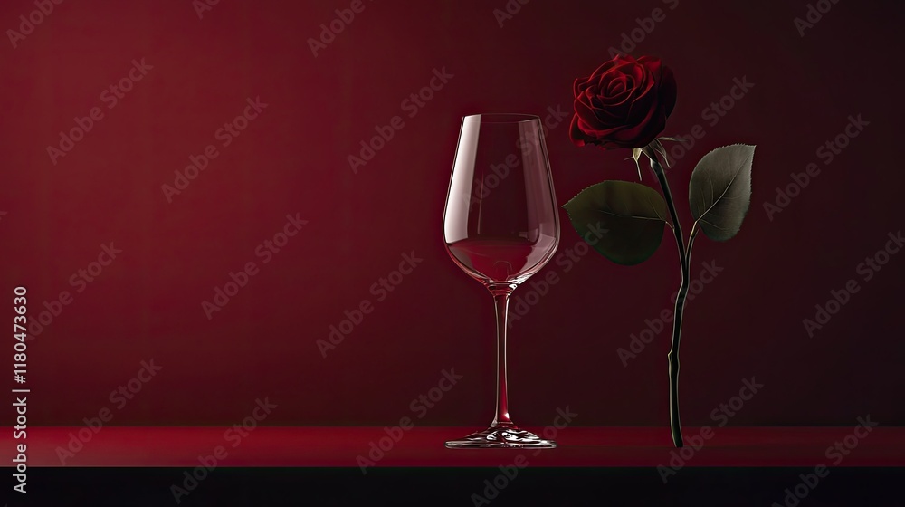 Aufkleber a minimalist composition of a single red rose and an empty wine glass on a deep red background for a