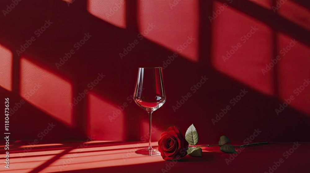 Poster a minimalist composition of a single red rose and an empty wine glass on a deep red background for a