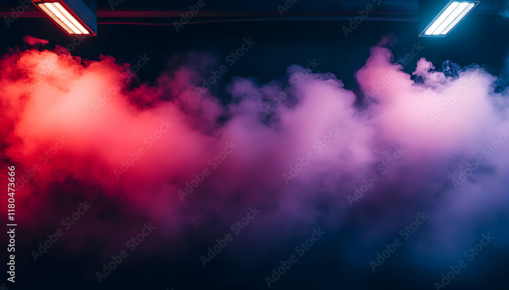 Poster abstract image of red and blue smoke illuminated by overhead lights, creating a dramatic and atmosph