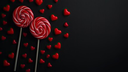 A minimalist design featuring two red lollipops and scattered red candy hearts on a black background with a central empty space.