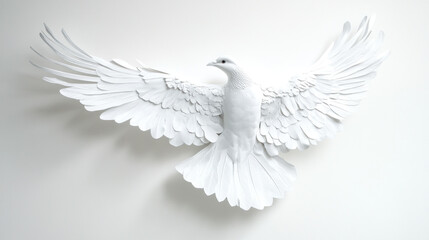 Obraz premium White paper dove sculpture with wings spread wide against a white background.