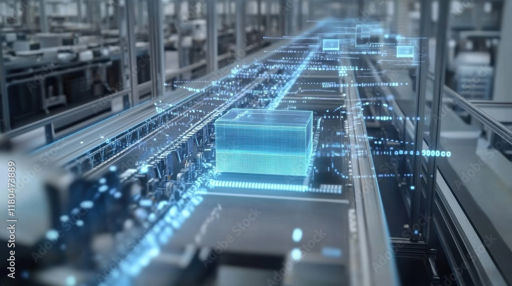 Poster smart factory conveyor belt transporting a hologram package with data analysis displayed, showcasing