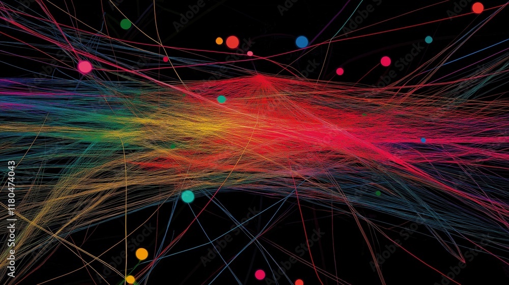 Poster vibrant abstract color lines with dots on black background