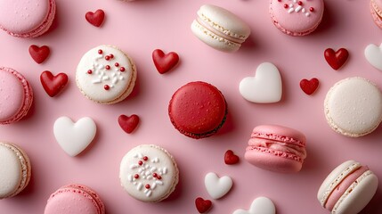 Obraz premium A pastel-colored baking scene with heart candies in white, red, and pink scattered around macarons and pastries.