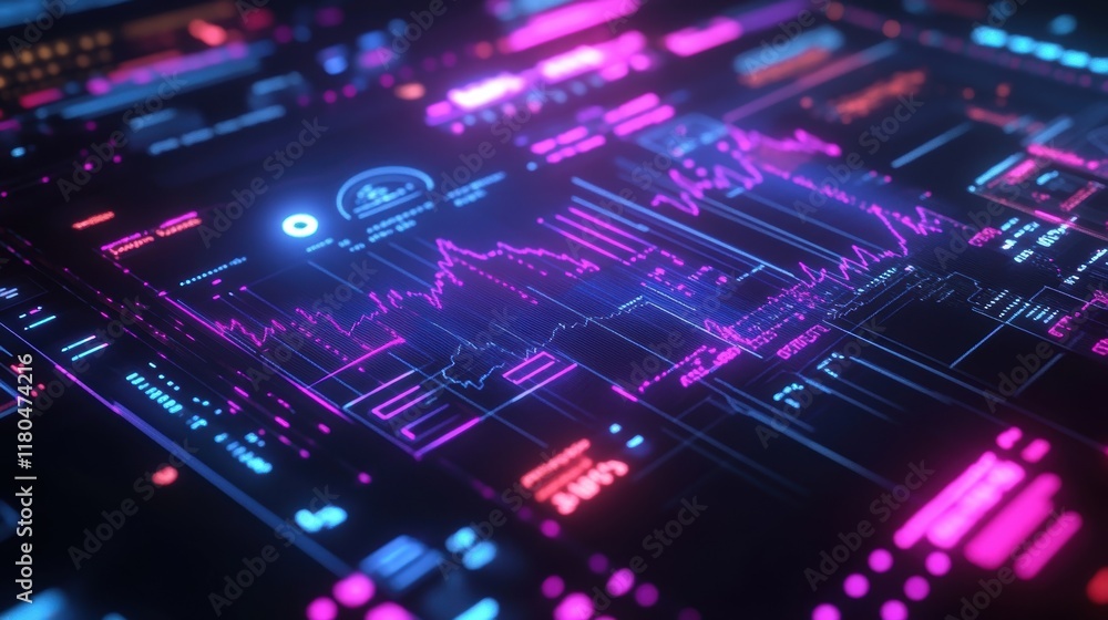 Poster complex financial data visualized on a futuristic heads up display with glowing lines and dynamic ch