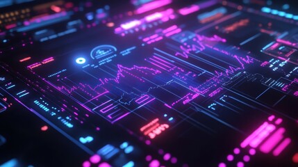 Obraz premium Complex financial data visualized on a futuristic heads up display with glowing lines and dynamic charts, creating an abstract representation of market trends and analysis
