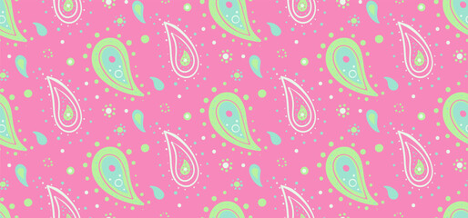 Delightful pastel paisley pattern.  Perfect for textiles, wrapping paper, or vibrant backgrounds.  Features charming teardrop shapes and playful dots on a pretty pink canvas.