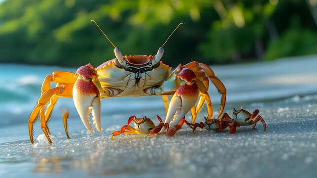 Tranquil Beach Scene with Family of Crabs Scuttling on the Shore