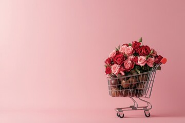 Valentine's day surprise red roses in a shopping cart indoor close-up