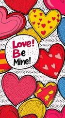 Colorful Pop Art Illustration of Hearts with Love and Be Mine Messages for Valentine's Day Romance and Celebration