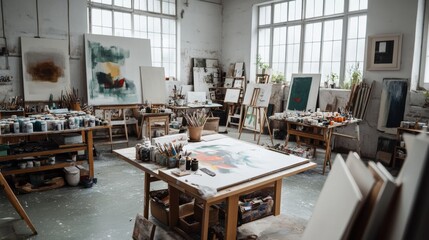 A vibrant artist’s studio filled with canvases and paints, alive with creativity and inspiration, where art takes form in the bustle of a brightly lit space.