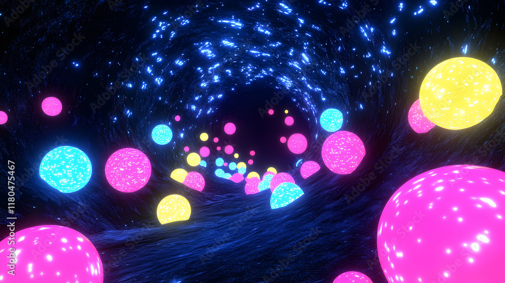 Poster vibrant neon spheres flow through a dark, abstract tunnel, creating a mesmerizing visual effect. ide