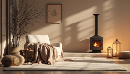 Japandi living room with a white chair, a fireplace, and decorative elements such as a tree branch and candles.