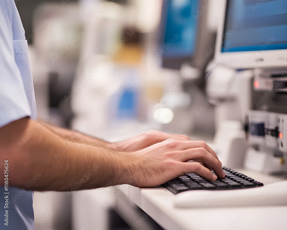 Poster person typing on computer keyboard in medical setting
