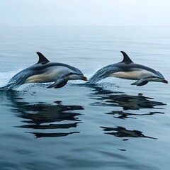 Fototapeta premium Graceful Dolphins Leaping in the Serene Ocean
