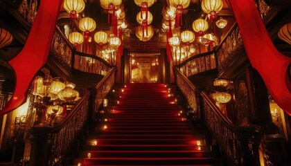 Obraz premium Grand Staircase with Red Carpet, Ornate Chandeliers, and Warm Lighting