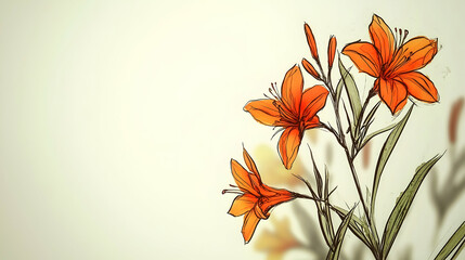 Fototapeta premium Elegant orange lilies on beige background, soft shadows, artistic floral illustration.