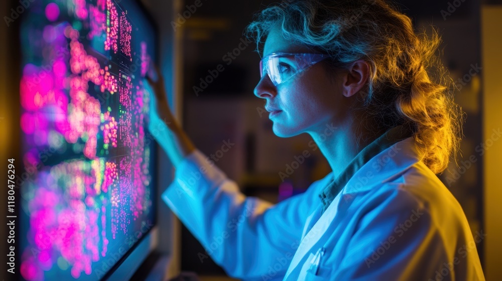 Poster female scientist wearing a lab coat and protective glasses analyzes complex data on a large interact