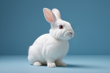 there is a white rabbit sitting on a blue surface