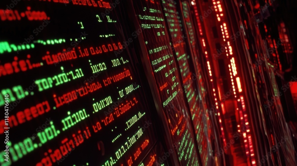 Poster server room panels displaying vibrant red and green numbers and text, reflecting ongoing data proces