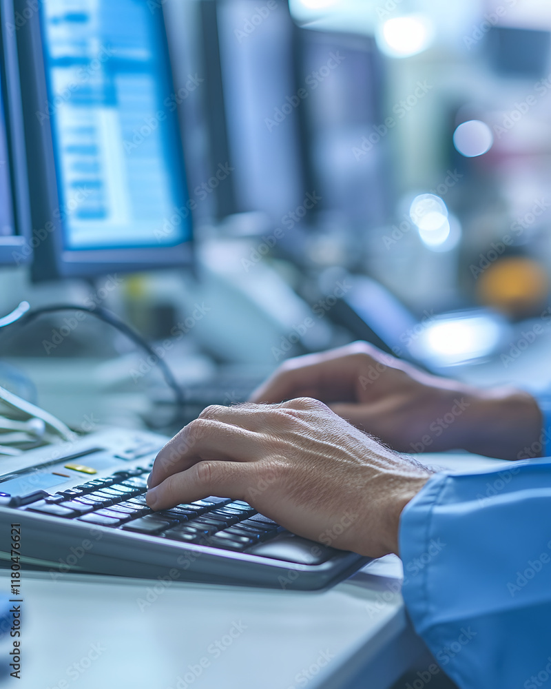 Poster person using computer keyboard in a clinical setting