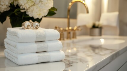 Luxury bath towels stacked on marble vanity, floral background