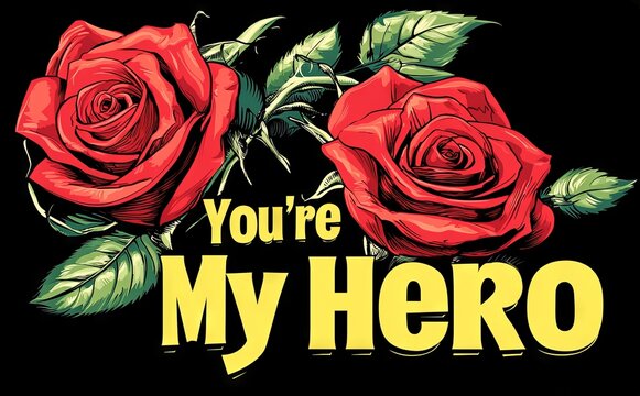 Bold Pop Art Illustration of Red Roses with You're My Hero Text. Concept of Appreciation, Heroic Tribute, Flower Art, and Expression of Admiration