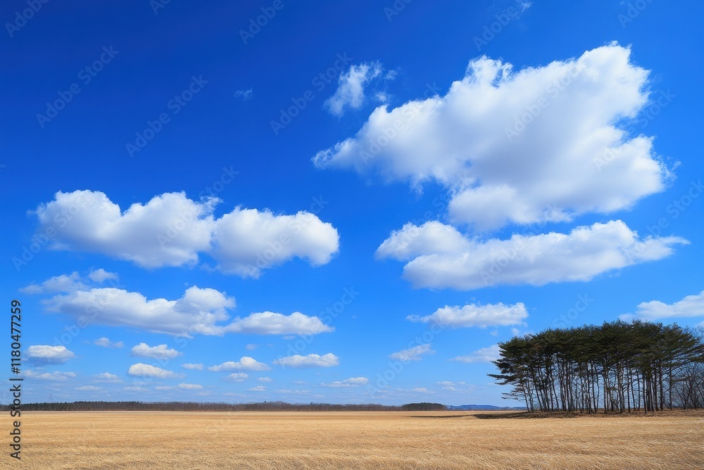 Aufkleber Peaceful Landscape: Open Field Under a Blue Sky with Fluffy White Clouds and a Line of Trees on the Horizon