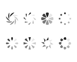 Eight stylish grayscale loading icons, perfect for website design, app interfaces, or presentations.  Clean, modern aesthetic; easily adaptable to various branding.