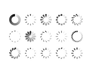 Collection of diverse loading icons in grayscale.  Perfect for website design, app interfaces, or presentations needing visual progress indicators.  Clean, modern style; easily customizable.
