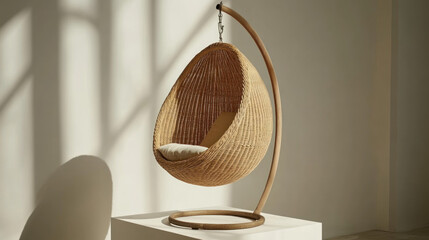 Woven wicker egg chair hanging from a curved wooden stand, displayed on a white platform.