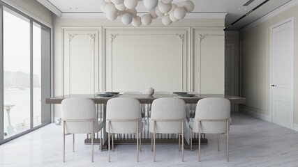  modern classic dining room interior background. 3d illustration