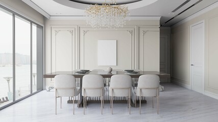 a poster mockup on the wall in modern classic dining room interior background. 3d illustration