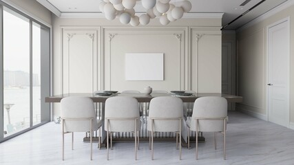 a poster mockup on the wall in modern classic dining room interior background. 3d illustration