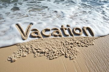 Fototapeta premium The word vacation written in the sand in a tropical setting