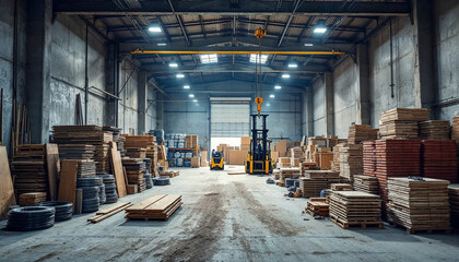 A bustling construction warehouse filled with materials, tools, and a rugged industrial atmosphere.

