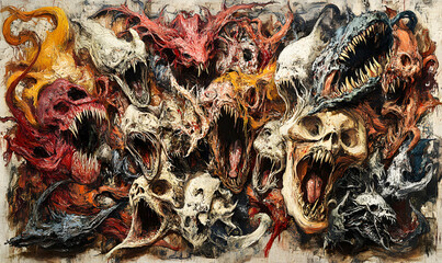 A surreal, nightmarish painting featuring a multitude of grotesque, screaming skulls and monstrous faces, rendered in vibrant, textured colors.