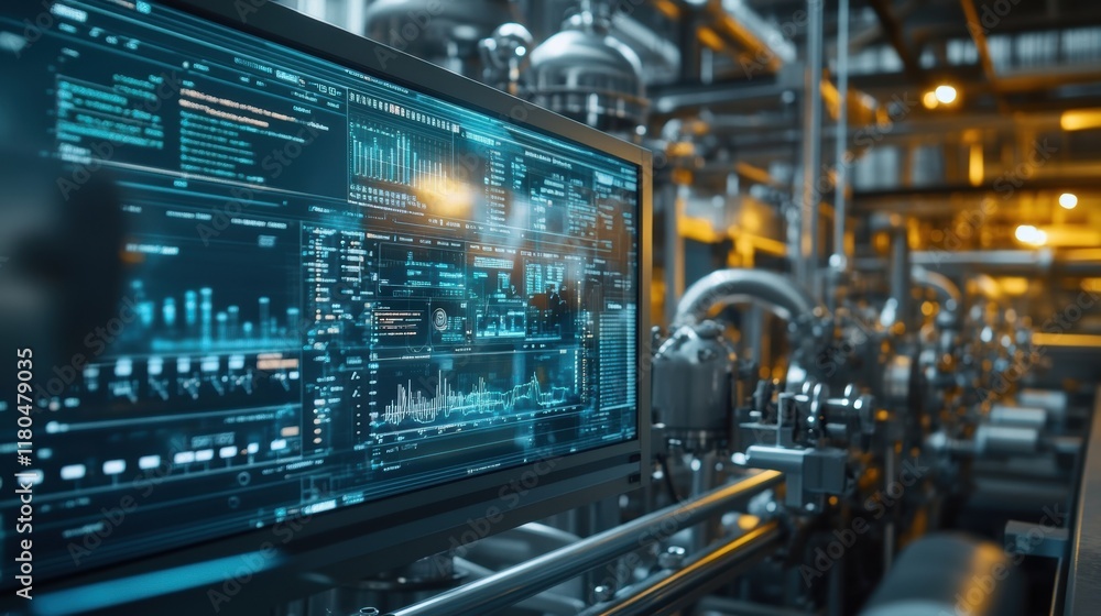 Poster futuristic computer screen showing charts, data and statistics of a manufacturing production line, i