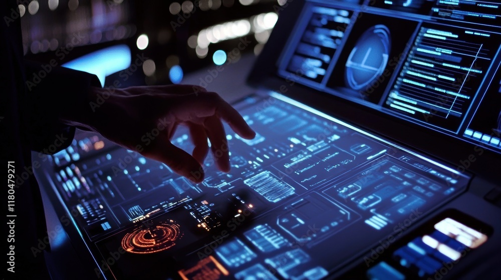 Poster Engineer is analyzing data on a futuristic touchscreen computer interface, working late at night in a dimly lit control room with glowing screens and complex diagrams