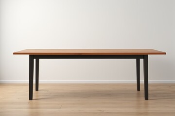 there is a wooden table with a black base and a brown top