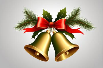 bells with red ribbon and holly leaves on a gray background
