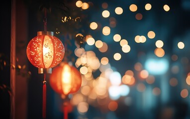 Chinese New Year, red lanterns hanging in the streets of China, warm colors, festive atmosphere,...