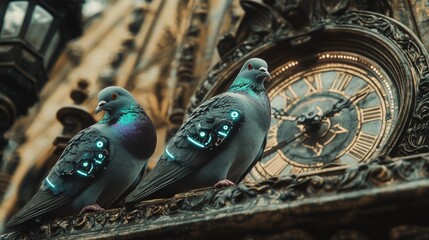 Two pigeons with futuristic features perch on an ornate clock, blending nature with advanced technology against a historic backdrop.